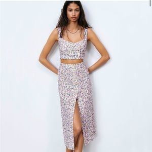 Zara linen blend floral midi skirt with slit